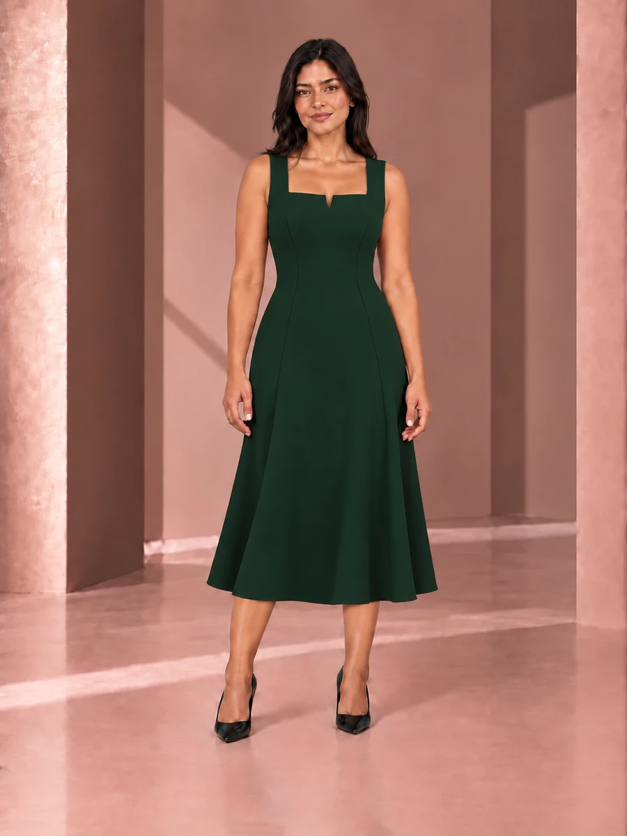 Vestido Livorno en Verde bosque, vista frontal sobre Alma; referencia visual XS.