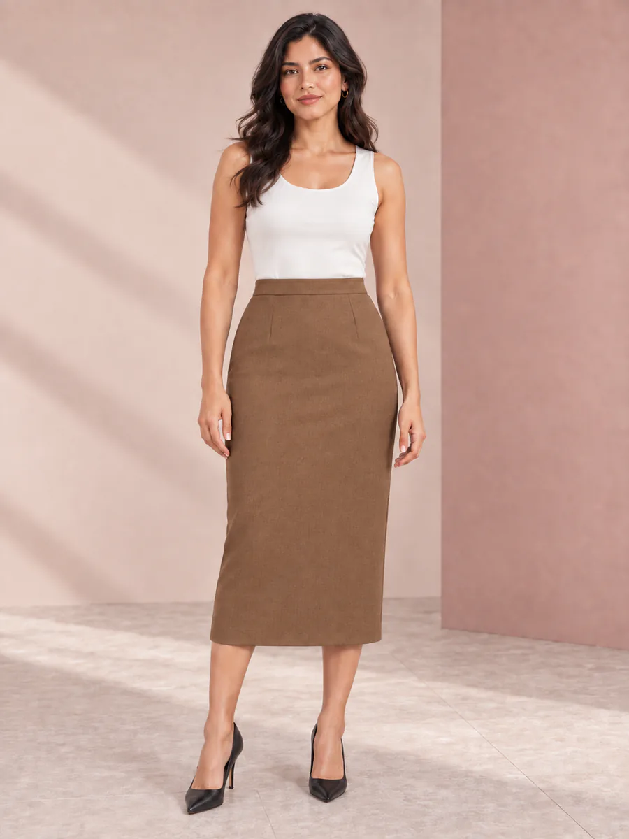 Falda Arezzo en camel, editorial Pulso 01