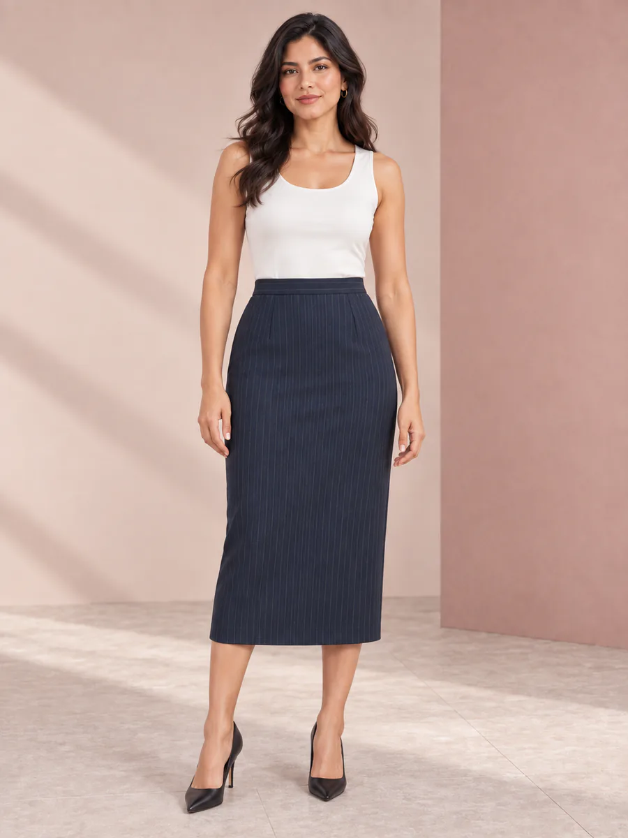 Falda Arezzo en marino raya fina, editorial Pulso 01